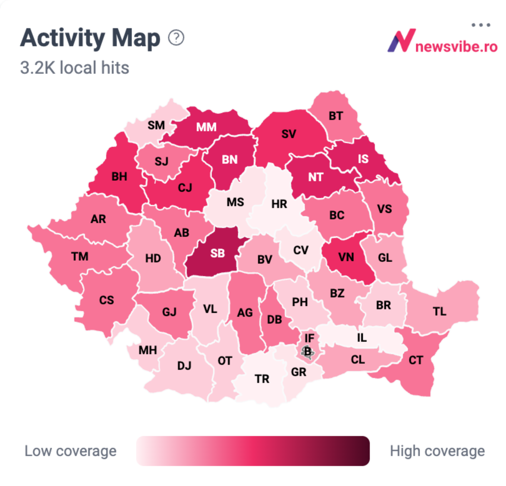 Hartă de activitate (Activity Map) din platforma NewsVibe, care ilustrează distribuția geografică a 3.200 de mențiuni din presa locală în România.
