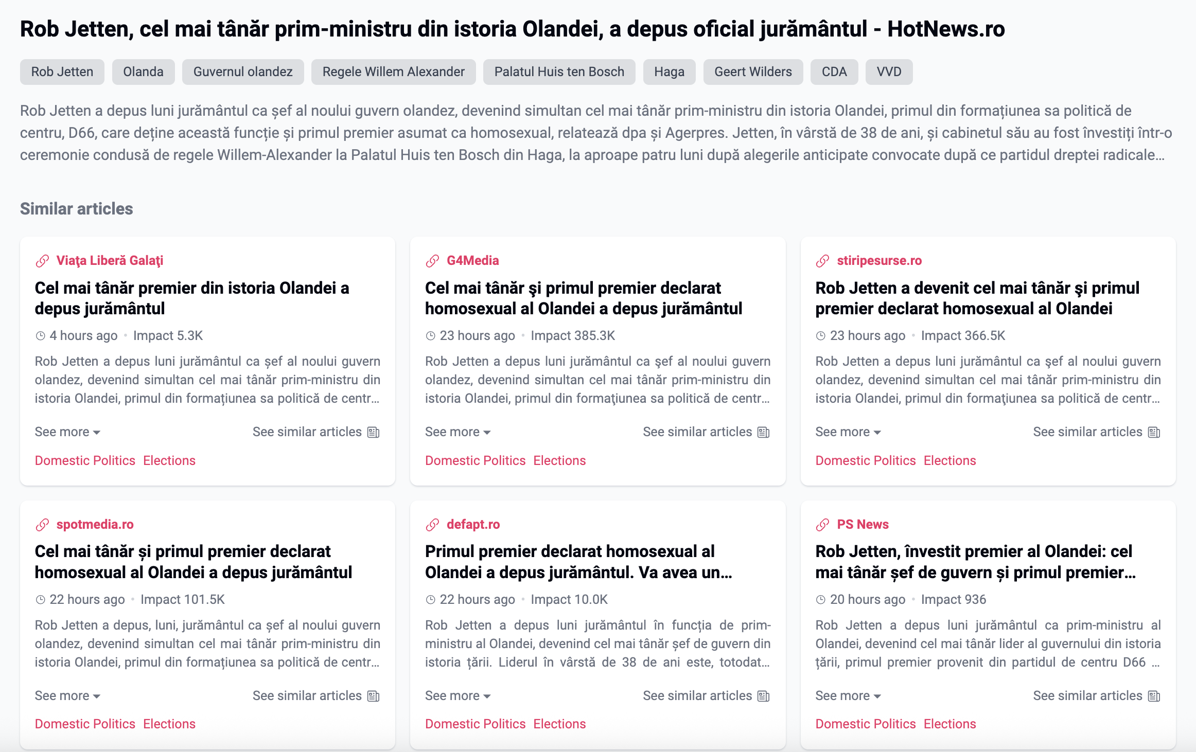 Interfața NewsVibe afișând articole media ordonate automat după scorul de similaritate textuală