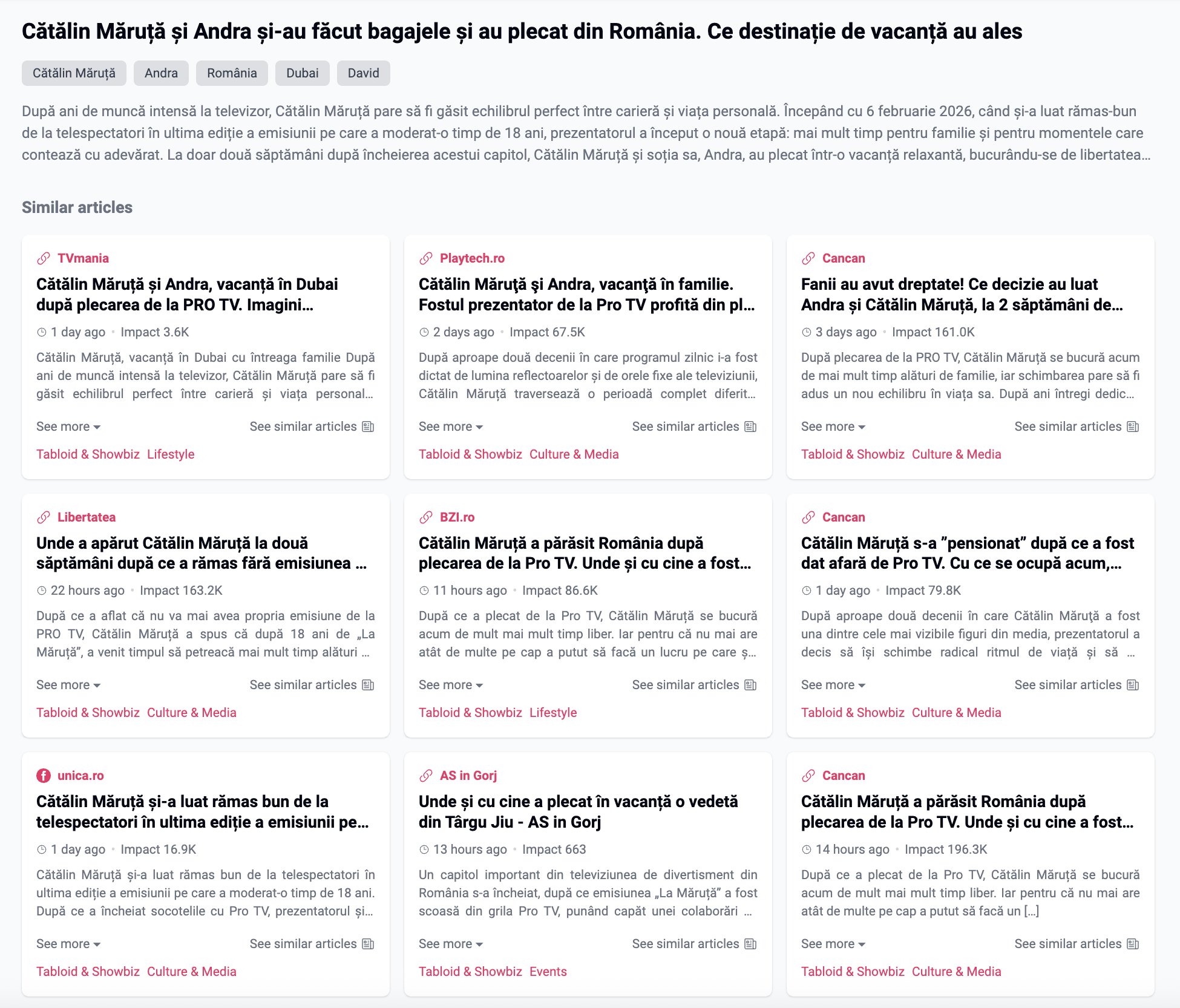 Interfața NewsVibe ilustrând funcționalitatea Similarity Tracker, care grupează și afișează automat preluările media și articolele similare pornind de la o știre sursă.