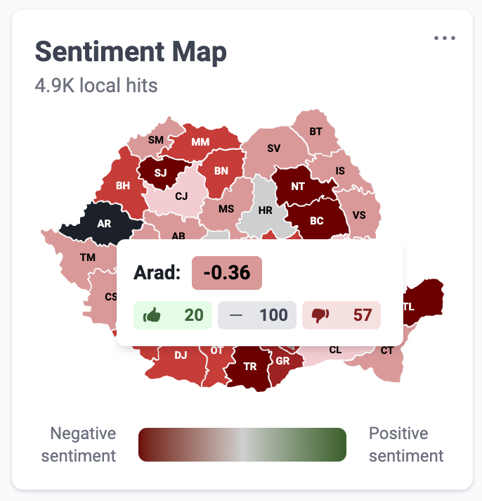 Detailed positive, negative and neutral hits on the sentiment map