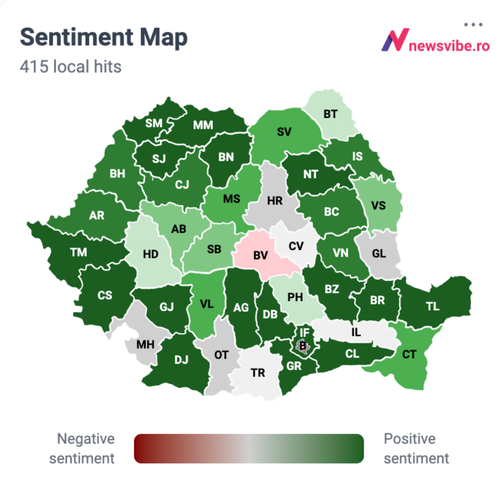 Harta sentimentului Travel pe județe: predominant pozitiv, Brașov singurul județ net negativ — NewsVibe