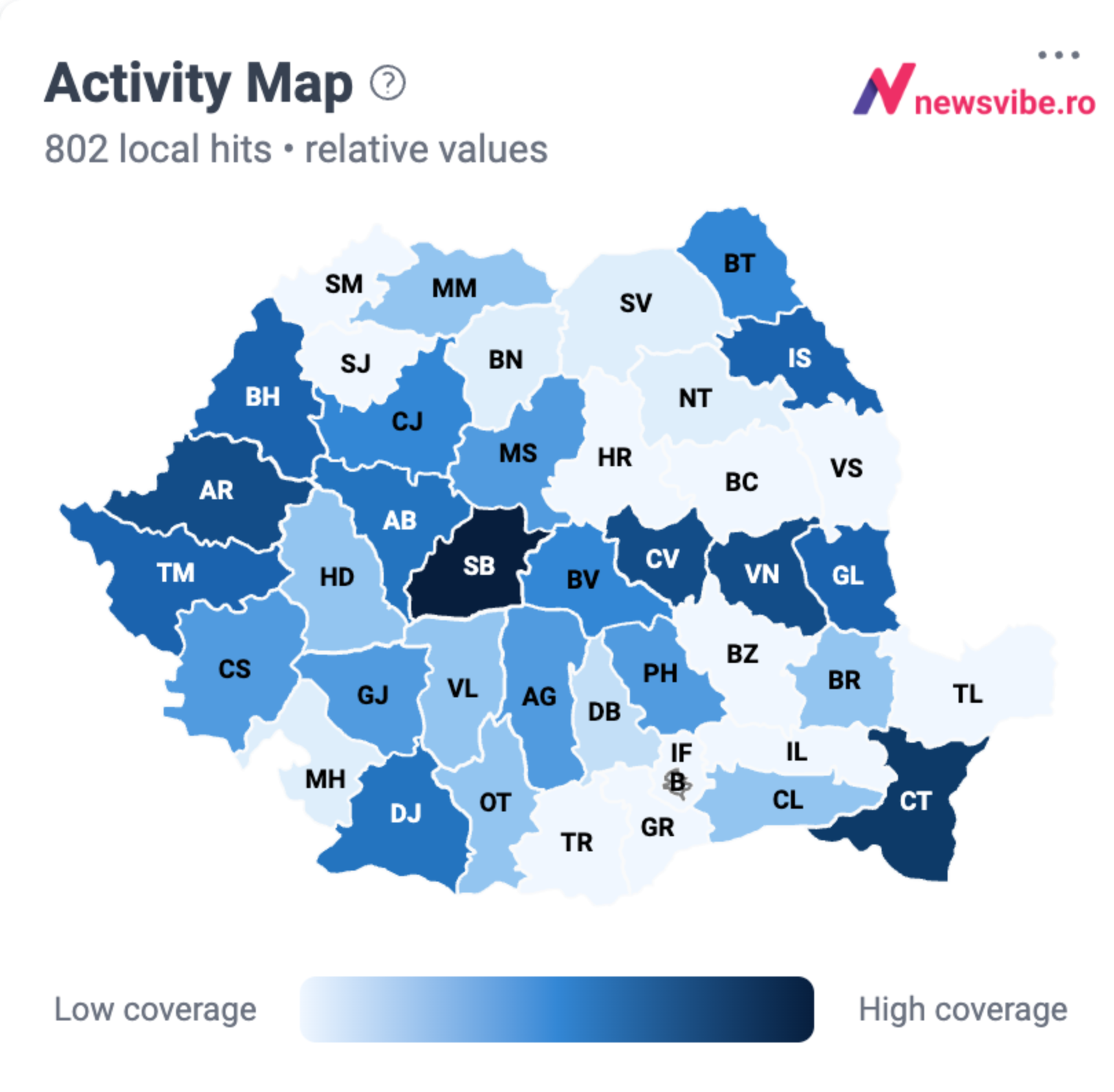 Harta acoperirii Eurovision 2026 în presa locală România: intensitate maximă în SB, CT, BT, IS — valori relative, date NewsVibe mai 2026