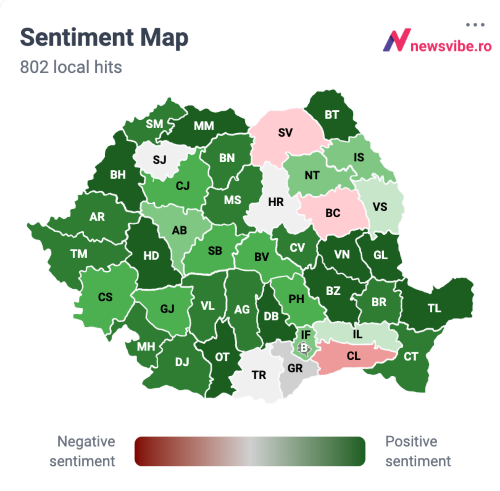 Harta sentimentului Eurovision 2026 presa locală română: verde dominant, accente negative în SV, BC, CL — date NewsVibe mai 2026