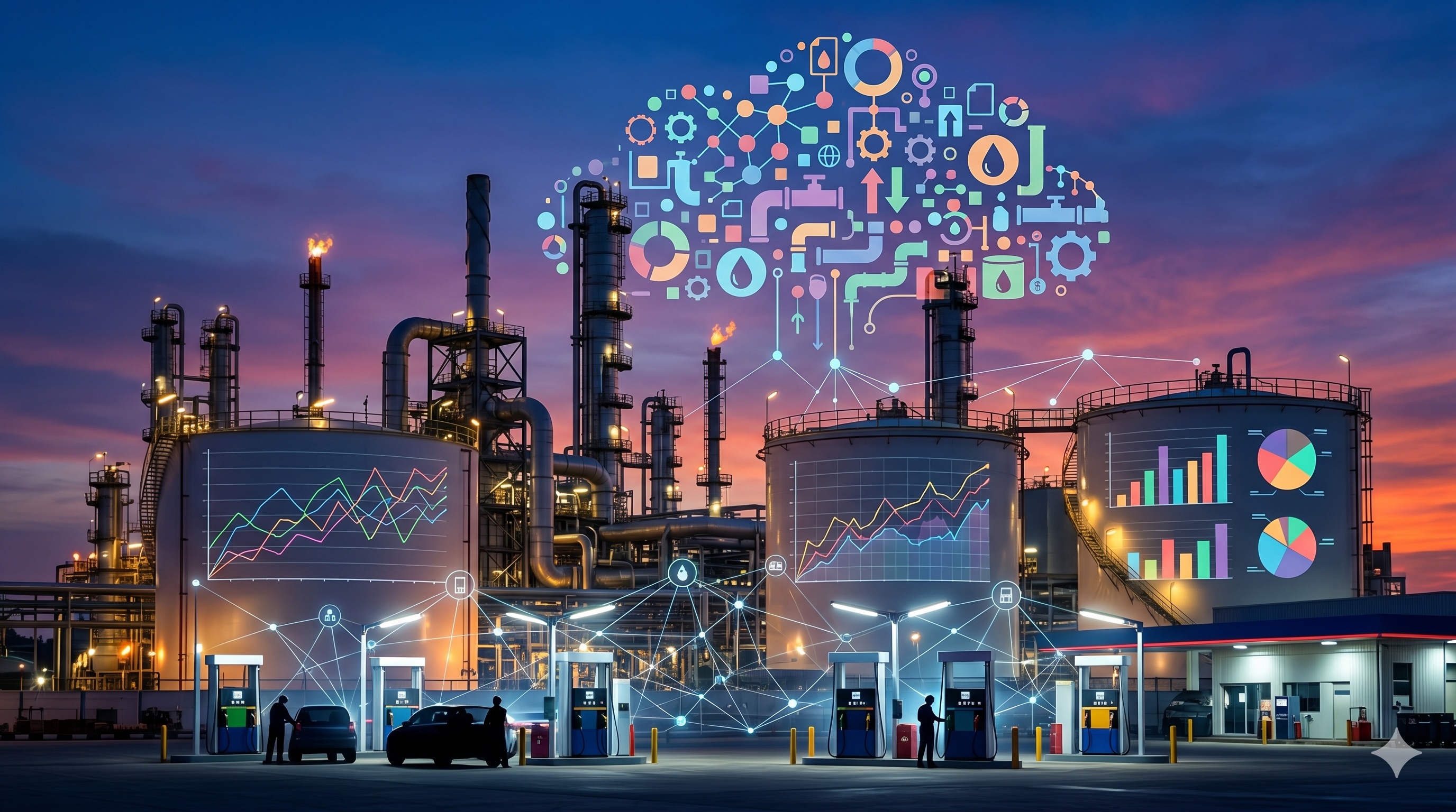 NewsVibe: Ilustrare analiza impactului mediatic și a sentimentului în sectorul petrolier, suprapunând date digitale peste infrastructură energetică