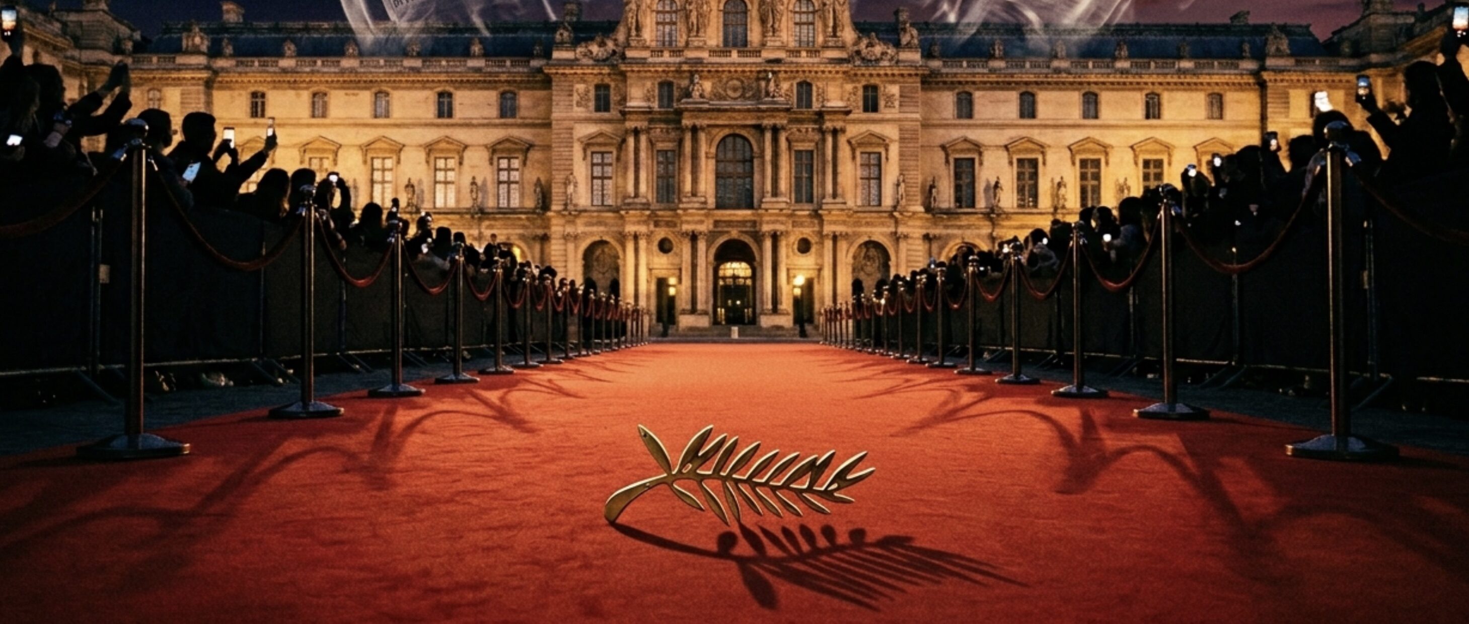 O ilustrație cinematică pentru analiza NewsVibe, reprezentând un trofeu auriu în formă de palmier pe un covor roșu pustiu, în fața unui palat neoclasic la apus.