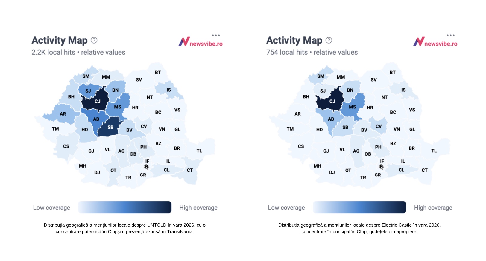 Comparație între distribuția geografică a mențiunilor locale despre UNTOLD și Electric Castle în vara 2026, cu Clujul drept principal centru al conversației pentru ambele festivaluri