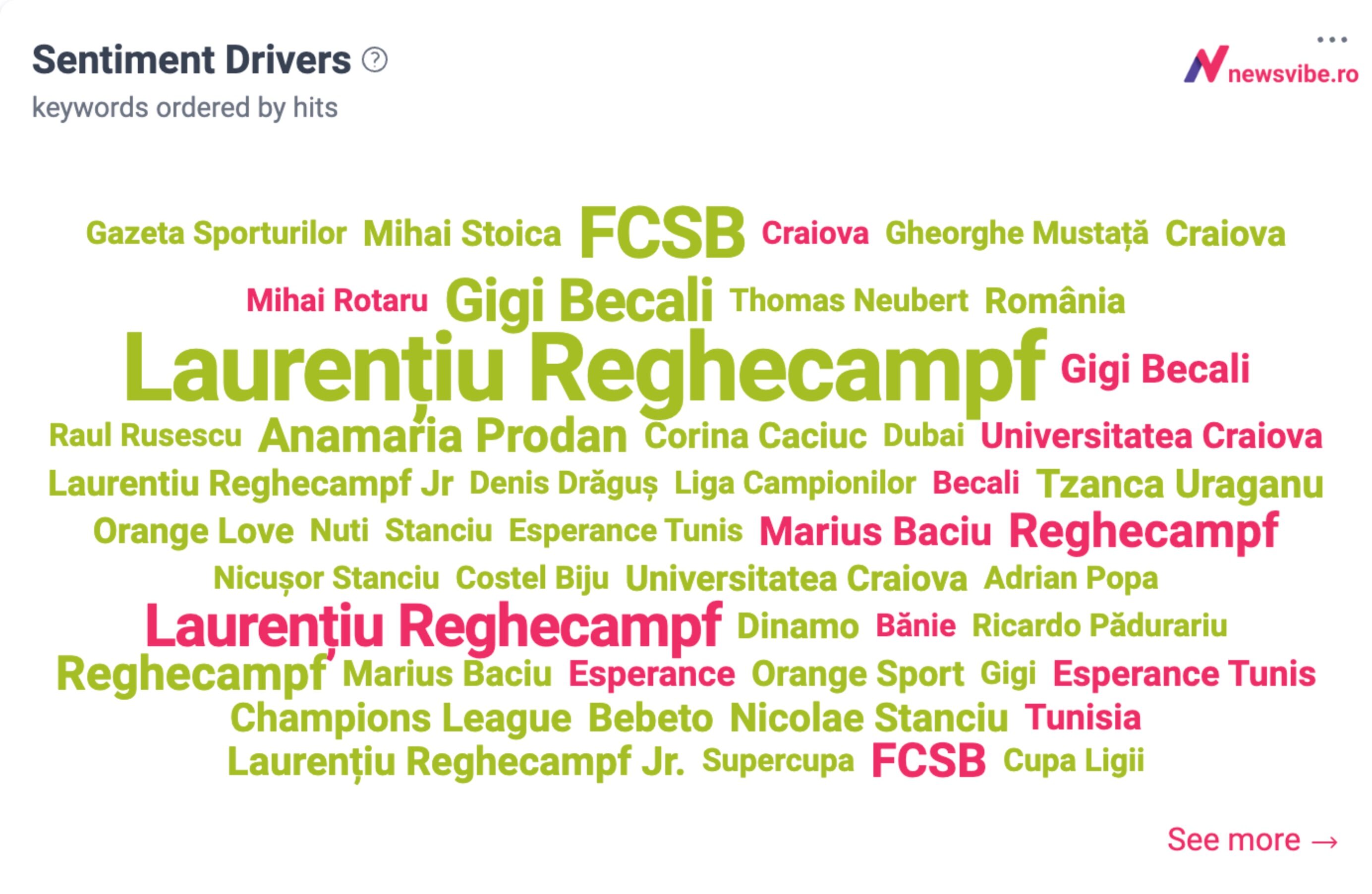Entitățile din conversația despre Reghecampf: FCSB și Gigi Becali mai ales pozitive; Tunisia și Mihai Rotaru negative
